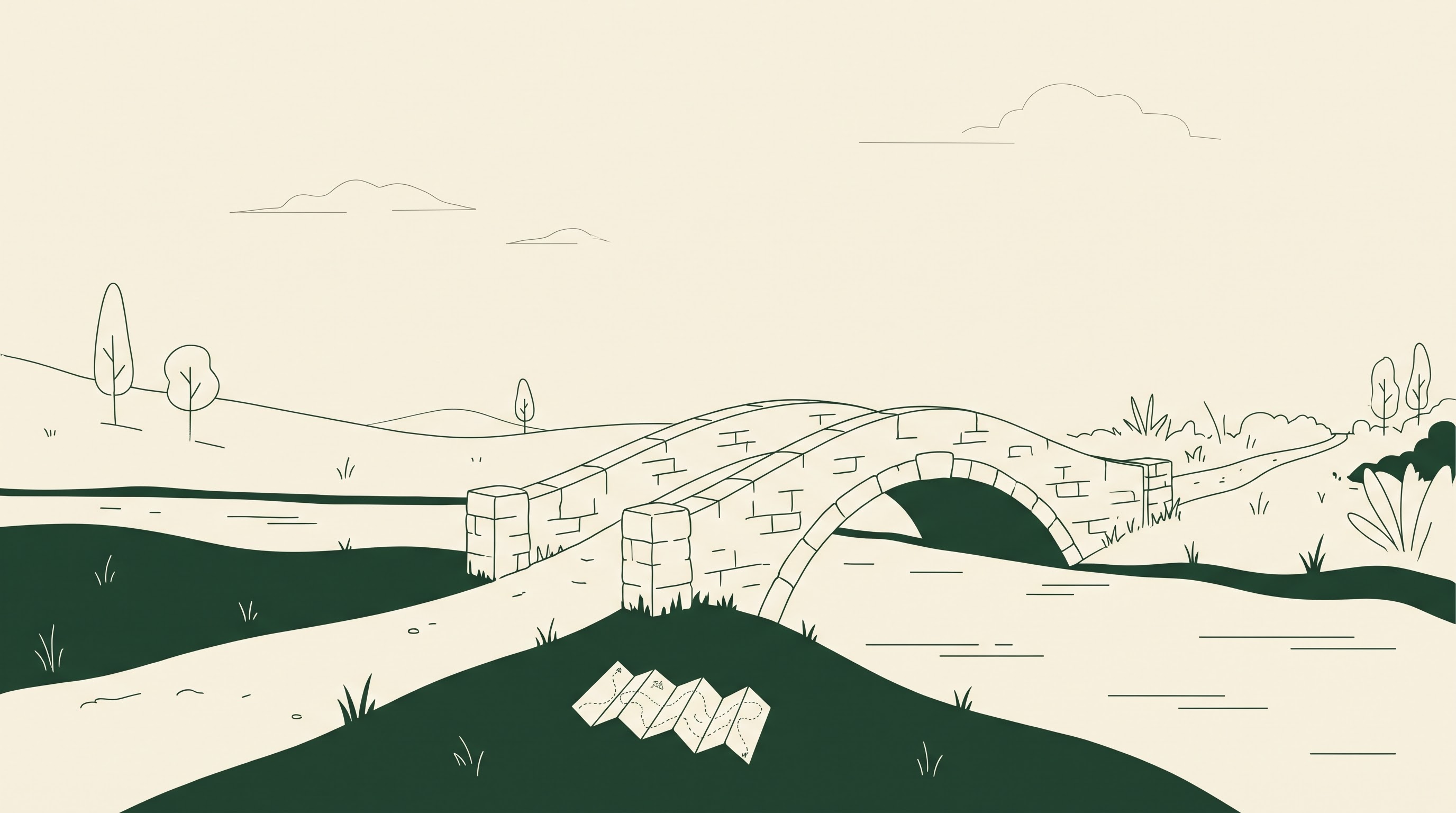 Minimalist flat illustration of a folded paper map lying beside a stone bridge over a calm river, thin line art, dark gr
