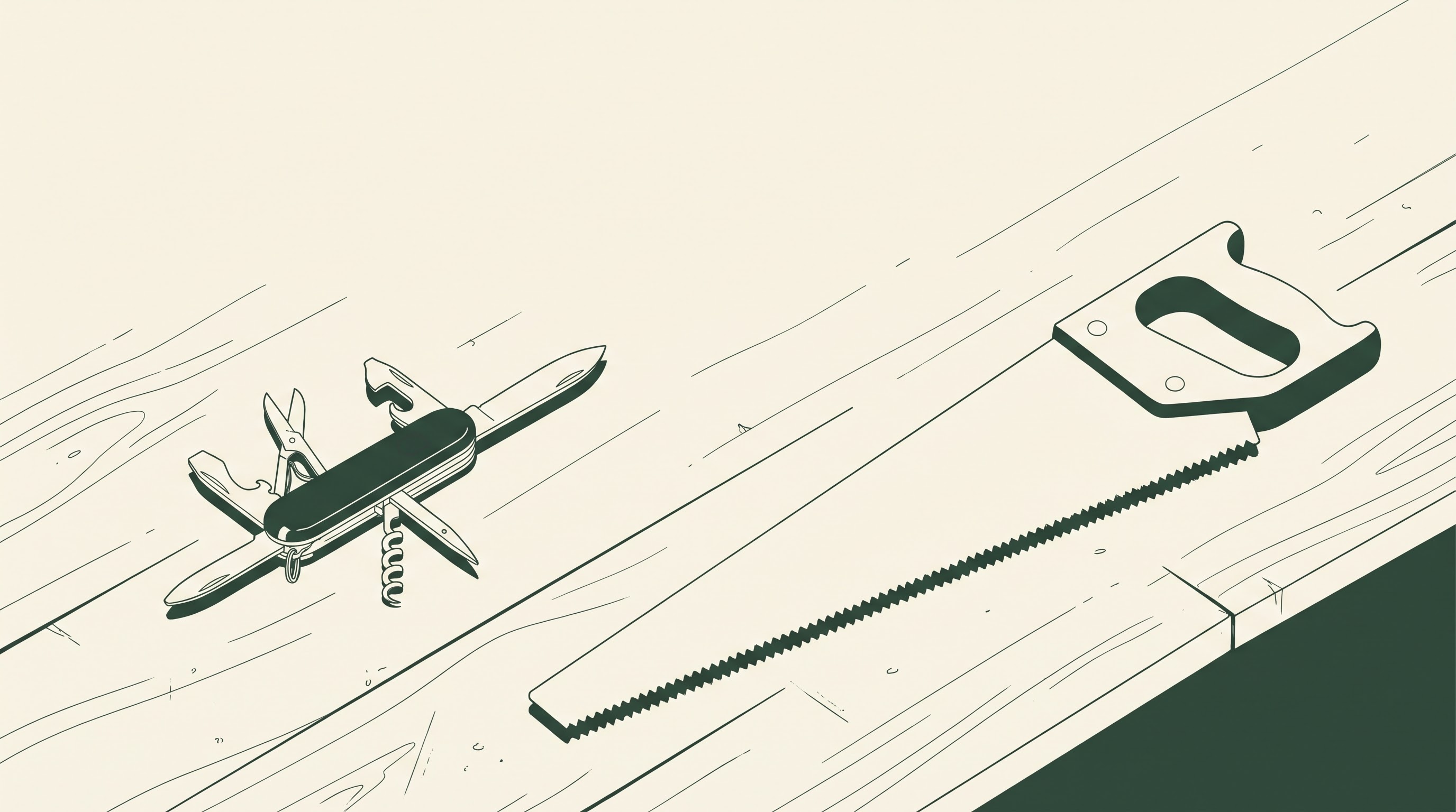 Minimalist illustration of a Swiss Army knife on one side and a carpenter's handsaw on the other, both resting on a wood
