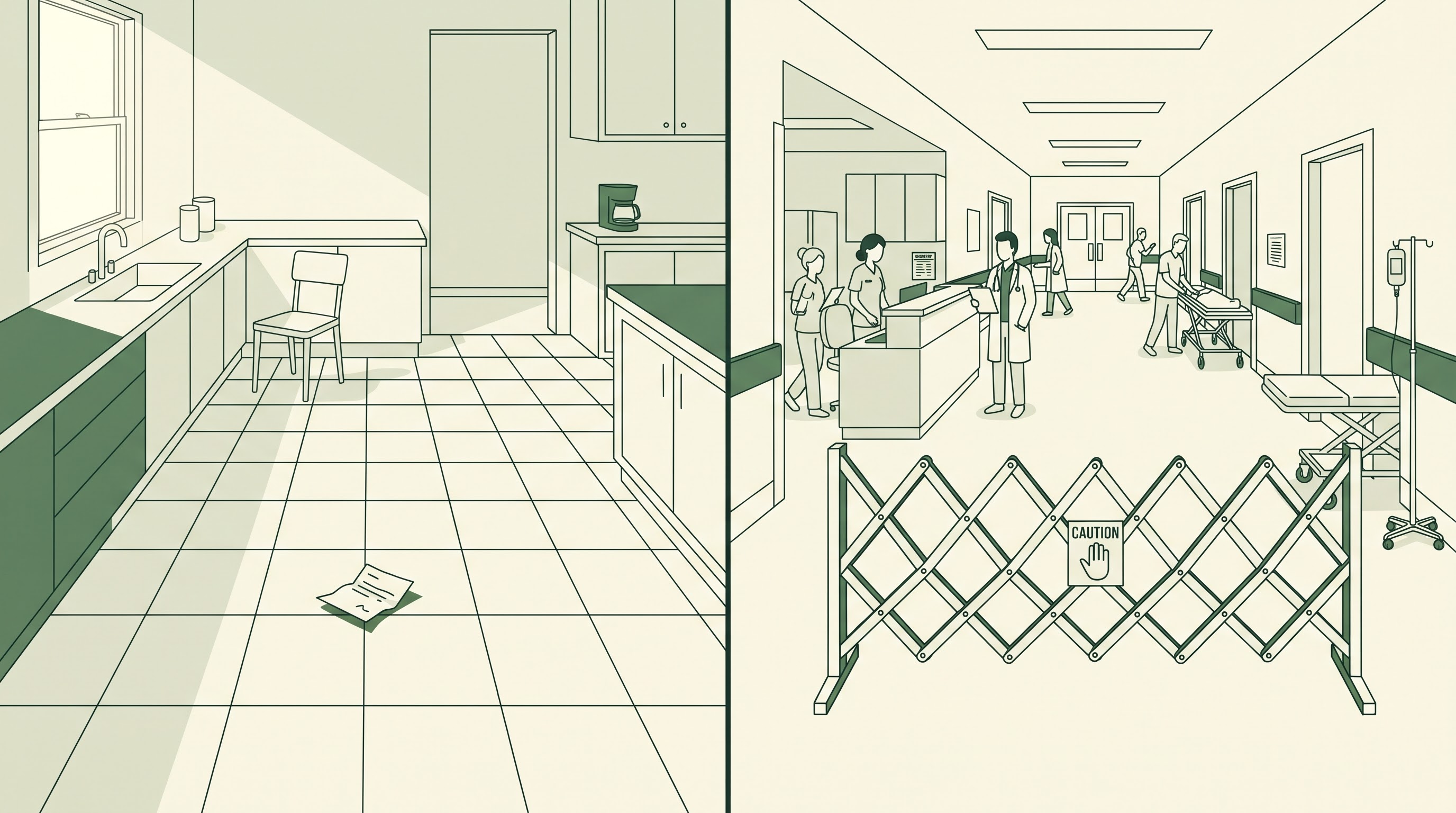 Two side-by-side minimalist scenes in thin line art: a quiet home kitchen with a small paper note on a clean tile floor,